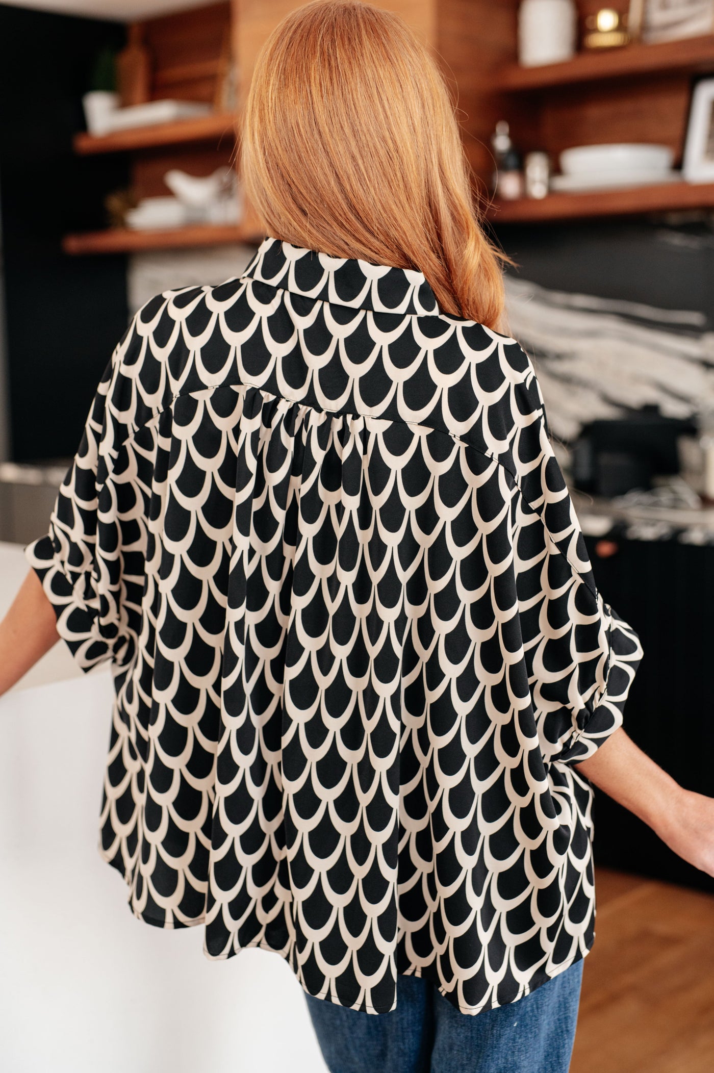 Art Deco Button Up Blouse in Black and Cream Womens Southern Soul Collectives