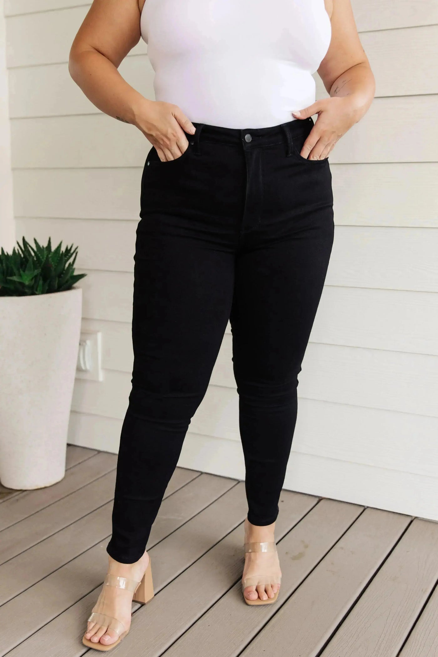 Audrey High Rise Control Top Classic Skinny Jeans in Black Womens Southern Soul Collectives