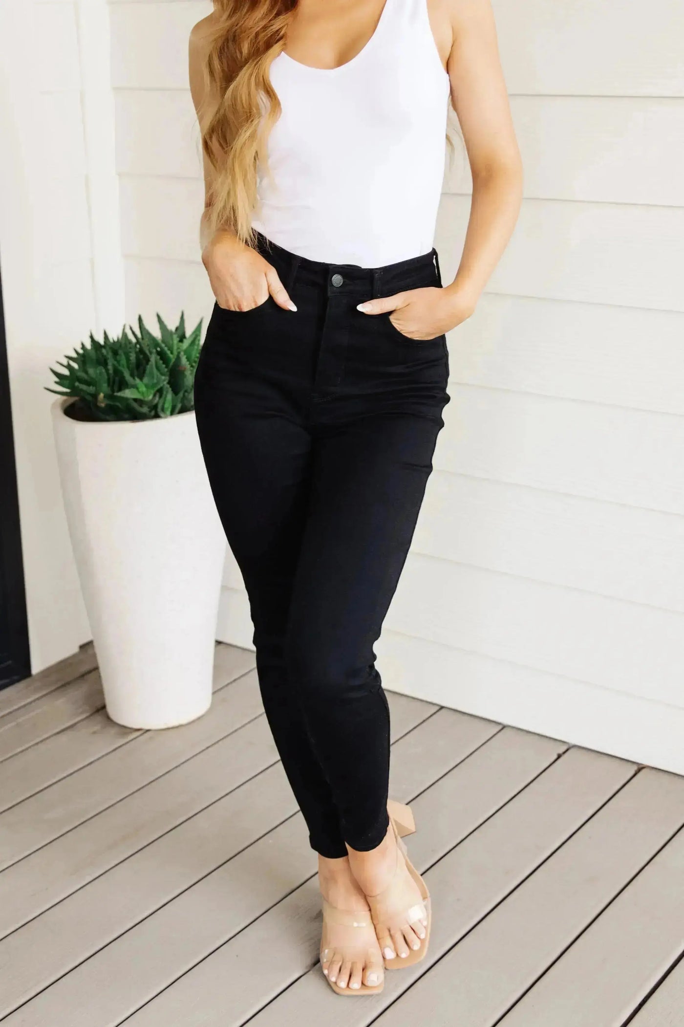 Audrey High Rise Control Top Classic Skinny Jeans in Black Womens Southern Soul Collectives