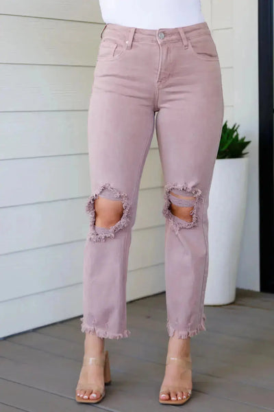Babs High Rise Distressed Straight Jeans in Mauve Womens Southern Soul Collectives