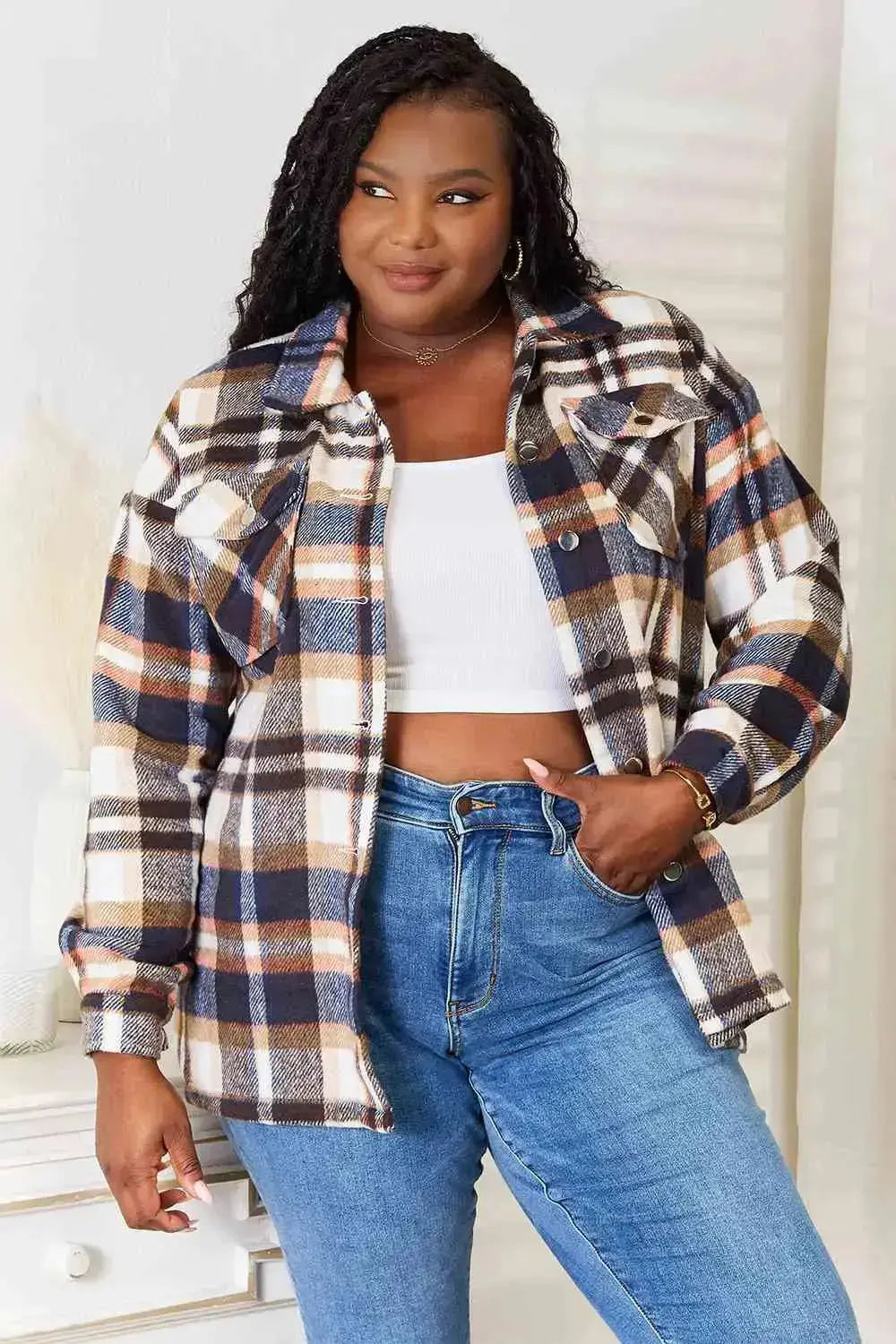 Best in Plaid Button Front Shacket with Breast Pockets in Navy  Southern Soul Collectives