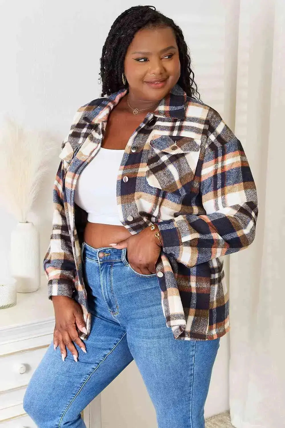 Best in Plaid Button Front Shacket with Breast Pockets in Navy  Southern Soul Collectives