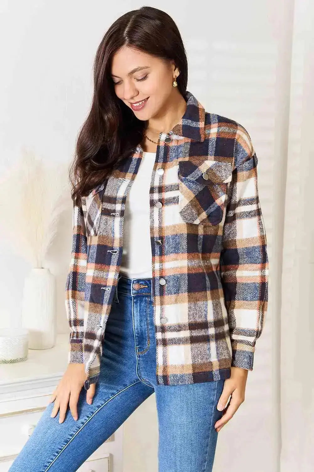 Best in Plaid Button Front Shacket with Breast Pockets in Navy  Southern Soul Collectives