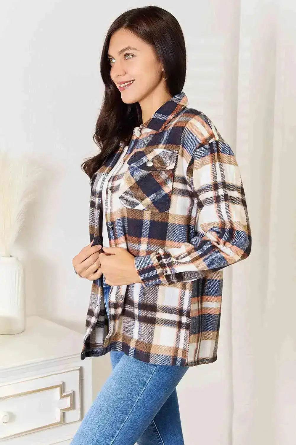 Best in Plaid Button Front Shacket with Breast Pockets in Navy  Southern Soul Collectives