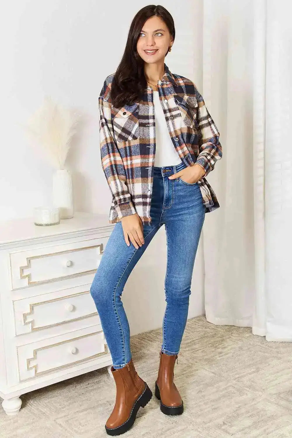 Best in Plaid Button Front Shacket with Breast Pockets in Navy  Southern Soul Collectives