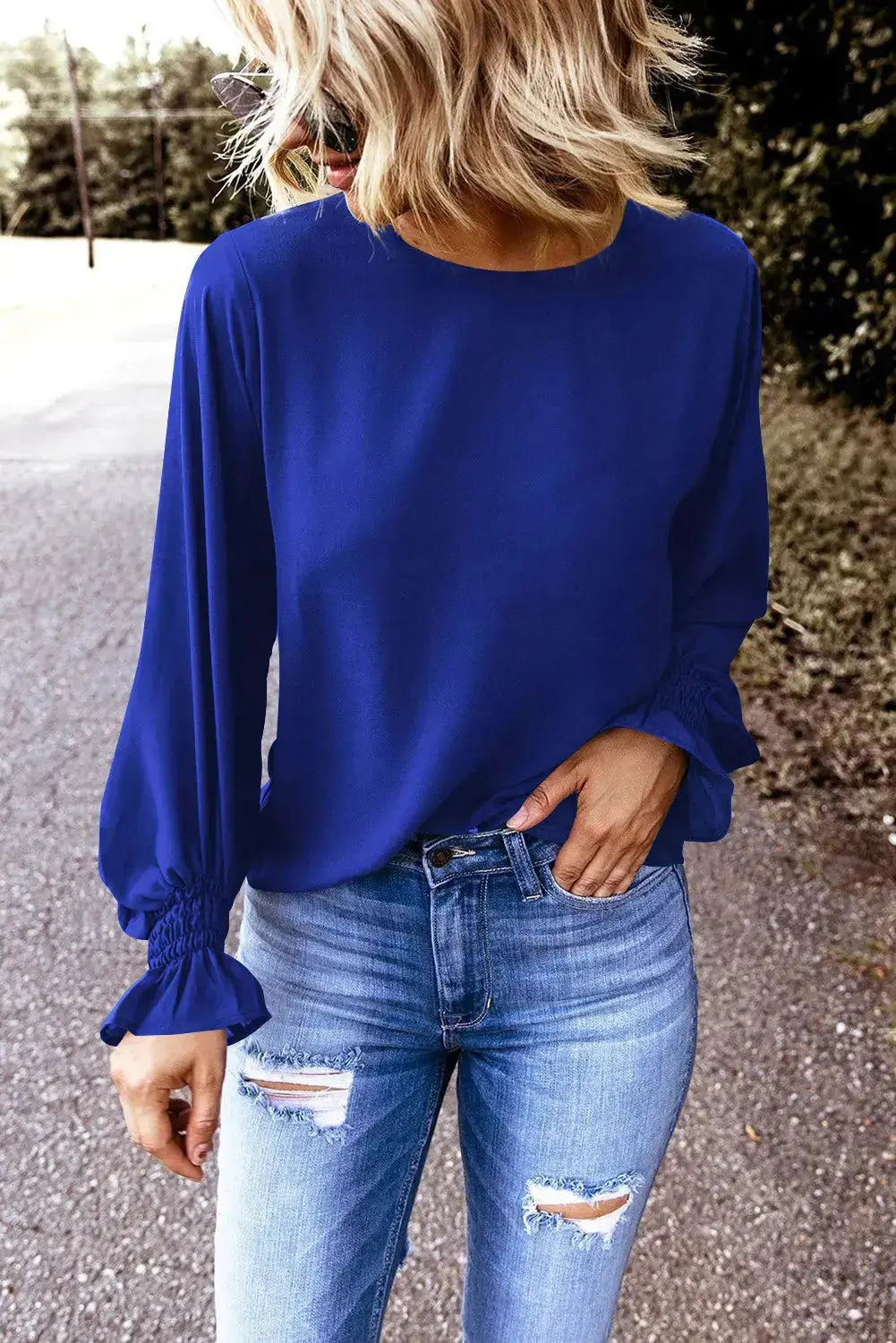 Blue Round Neck Flounce Long Sleeve Top  Southern Soul Collectives
