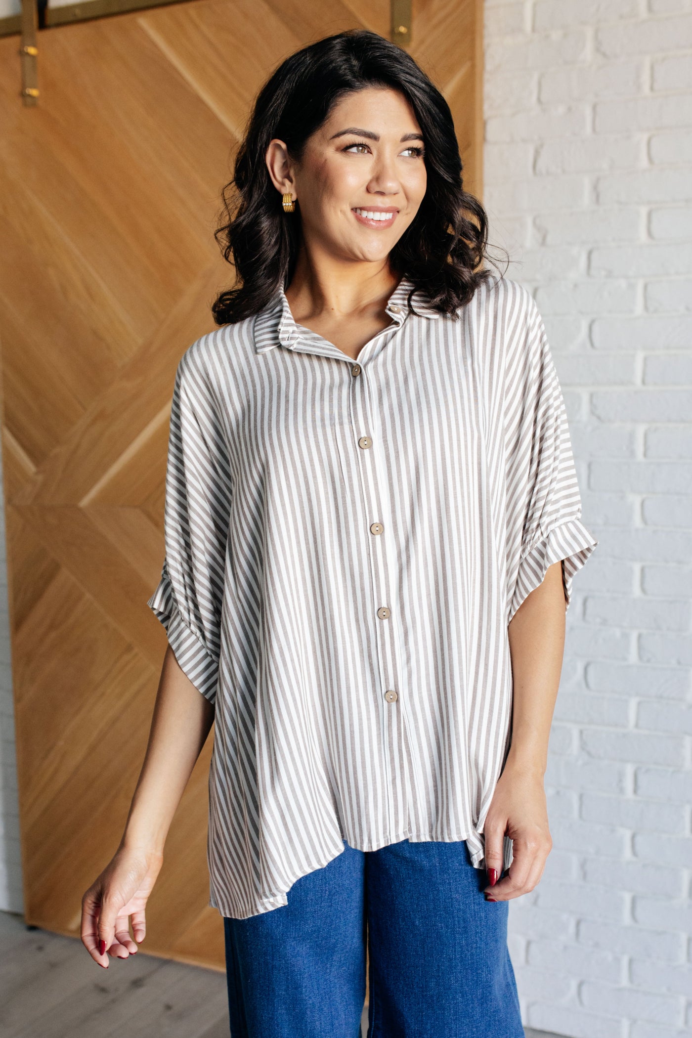 Boxy Striped Button Up in Mocha Southern Soul Collectives