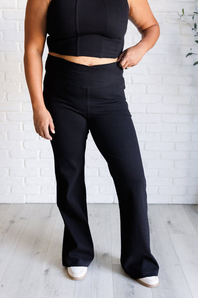 Building Habits Twill Flared Crossover Waist Pant in Black Southern Soul Collectives