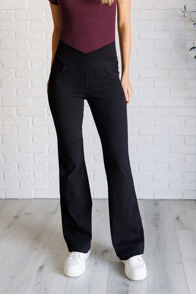 Building Habits Twill Flared Crossover Waist Pant in Black Southern Soul Collectives