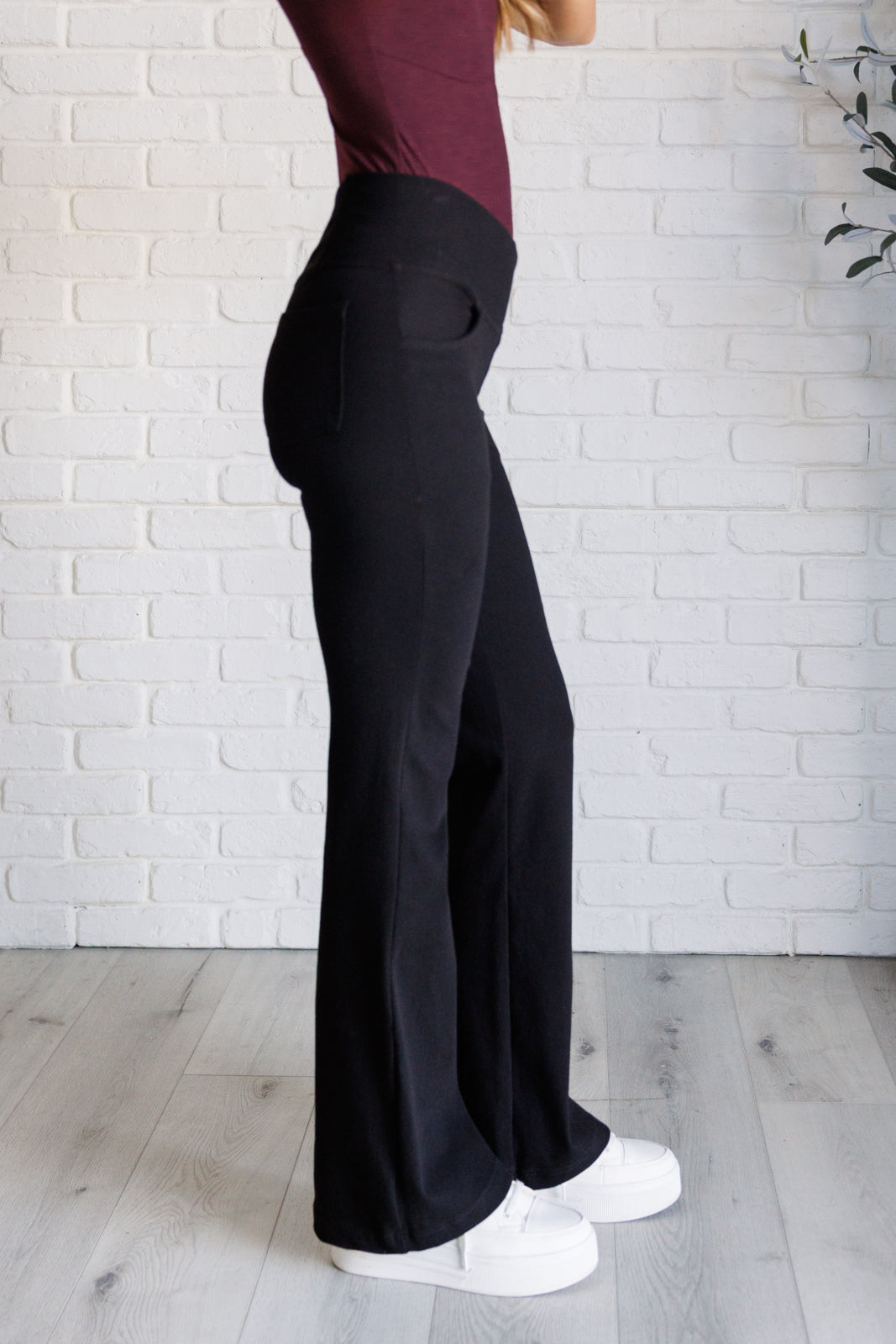 Building Habits Twill Flared Crossover Waist Pant in Black Southern Soul Collectives