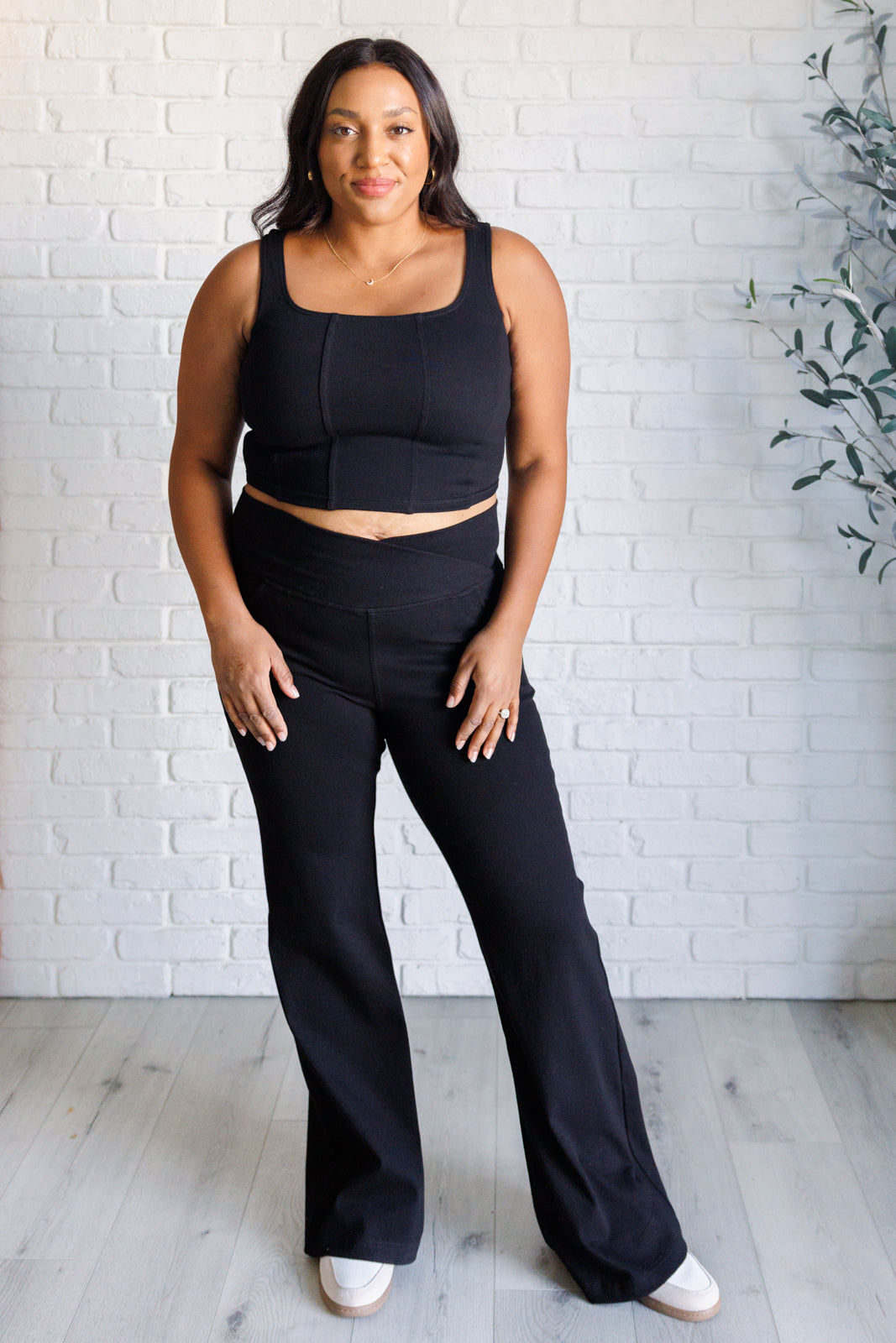 Building Habits Twill Flared Crossover Waist Pant in Black Southern Soul Collectives