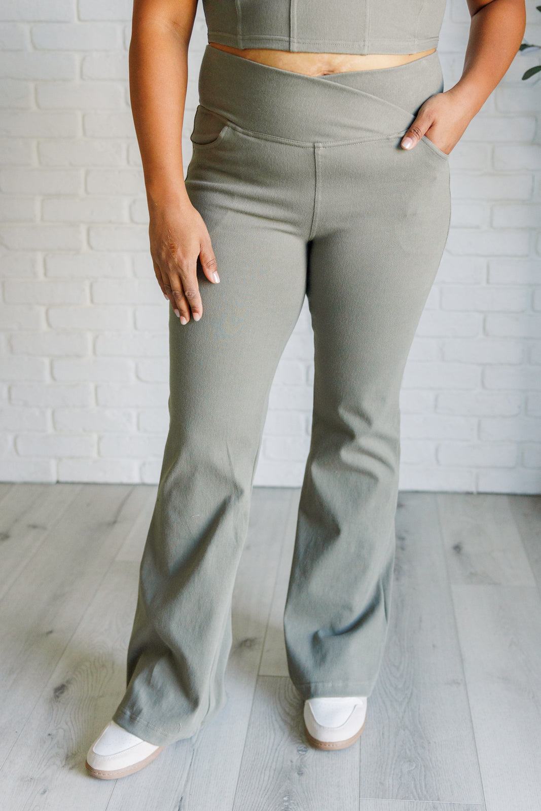 Building Habits Twill Flared Crossover Waist Pant in Dusty Olive Southern Soul Collectives