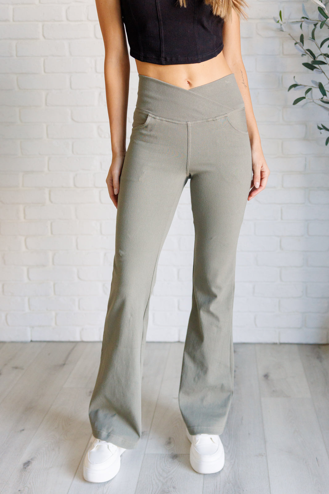 Building Habits Twill Flared Crossover Waist Pant in Dusty Olive Southern Soul Collectives