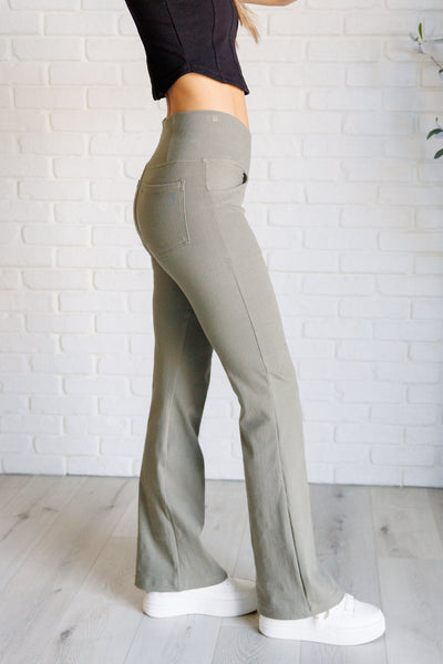 Building Habits Twill Flared Crossover Waist Pant in Dusty Olive Southern Soul Collectives