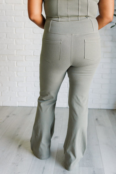 Building Habits Twill Flared Crossover Waist Pant in Dusty Olive Southern Soul Collectives