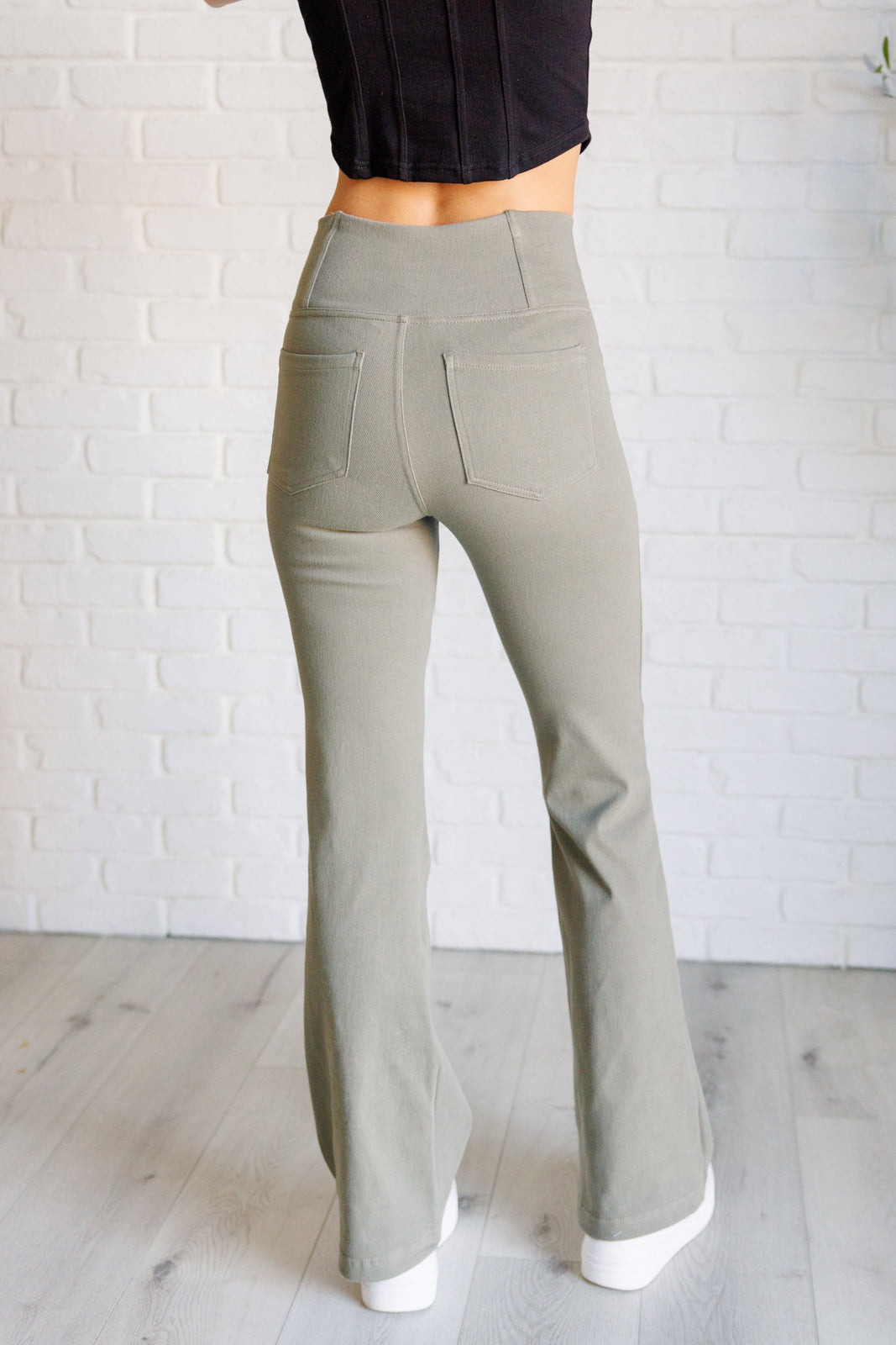 Building Habits Twill Flared Crossover Waist Pant in Dusty Olive Southern Soul Collectives