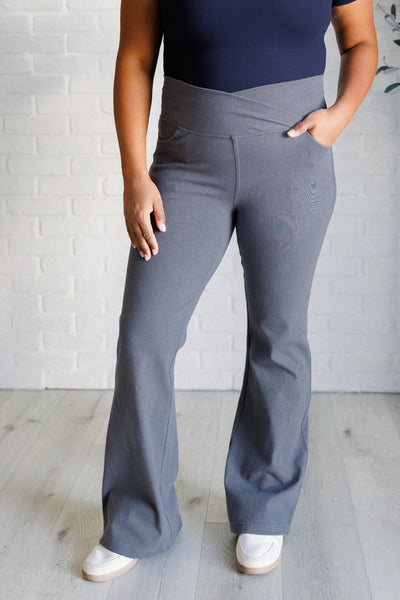 Building Habits Twill Flared Crossover Waist Pant in Titanium Southern Soul Collectives