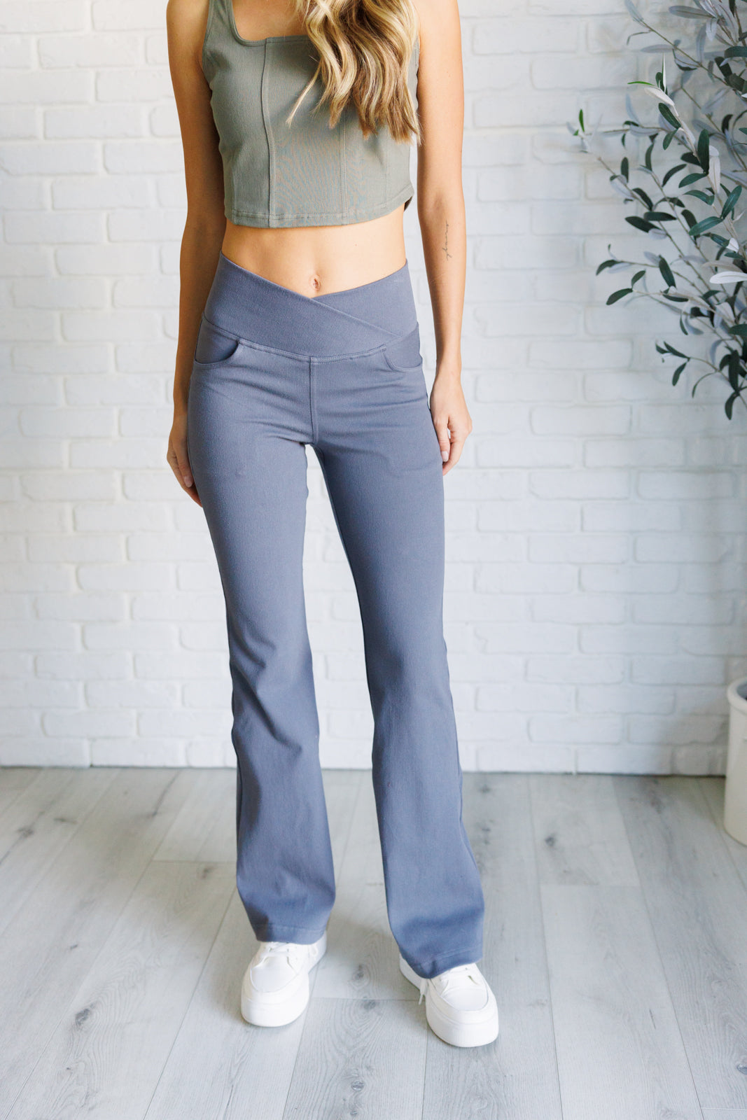 Building Habits Twill Flared Crossover Waist Pant in Titanium Southern Soul Collectives