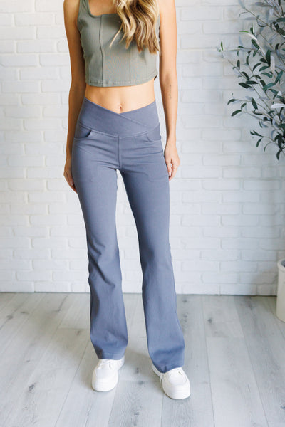 Building Habits Twill Flared Crossover Waist Pant in Titanium Southern Soul Collectives