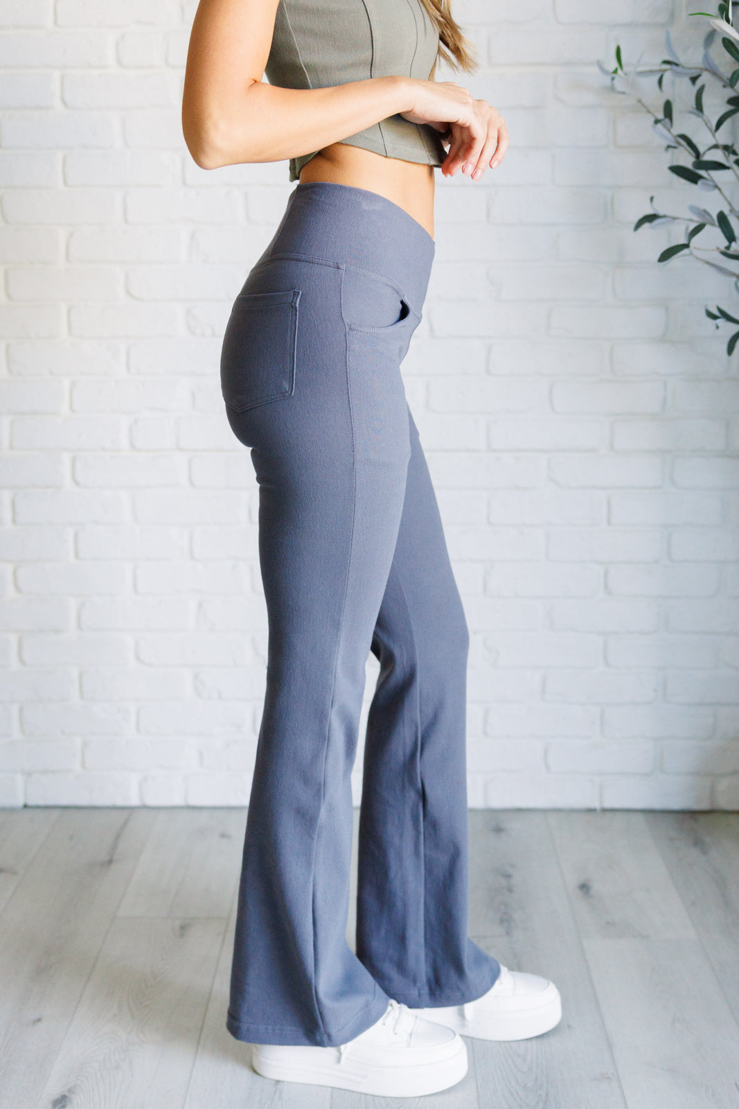 Building Habits Twill Flared Crossover Waist Pant in Titanium Southern Soul Collectives