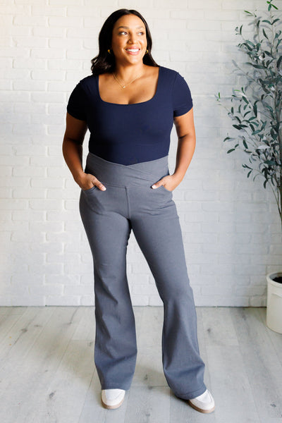 Building Habits Twill Flared Crossover Waist Pant in Titanium Southern Soul Collectives