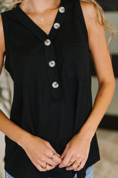 Buttoned Up Buttercup Sleeveless Top in Black