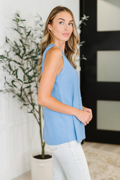 Buttoned Up Buttercup Sleeveless Top in Ocean Blue