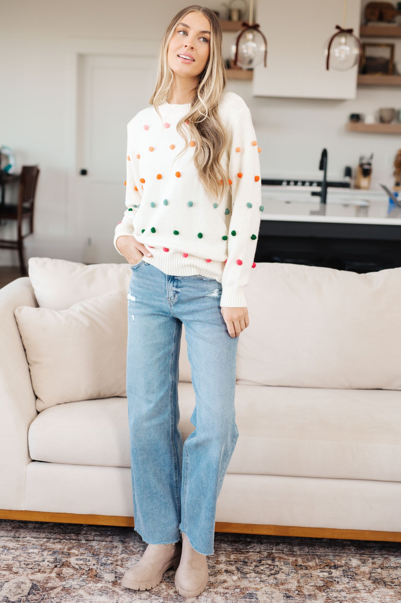 Candy Buttons Pom Detail Sweater Womens Southern Soul Collectives