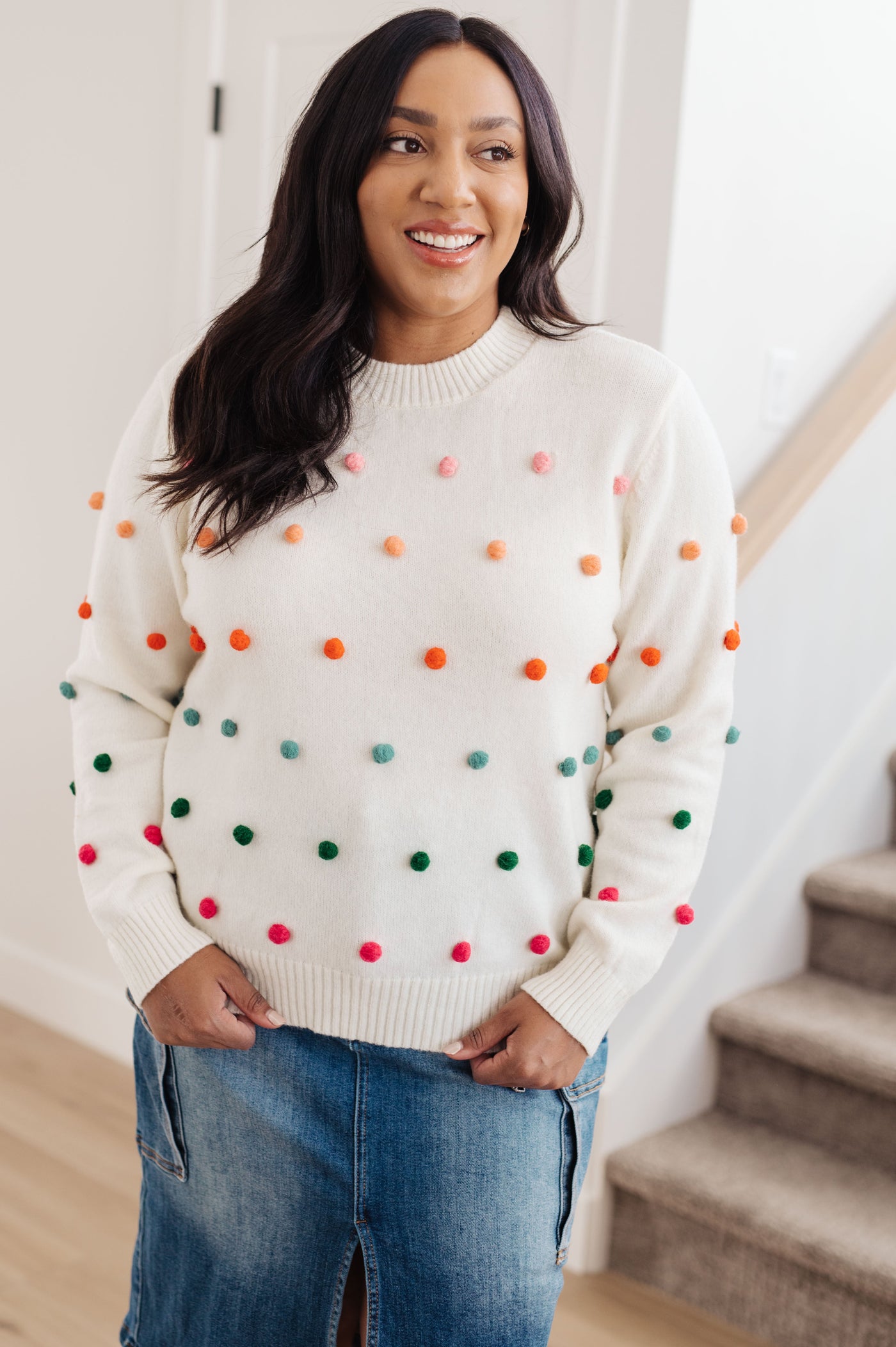 Candy Buttons Pom Detail Sweater Womens Southern Soul Collectives