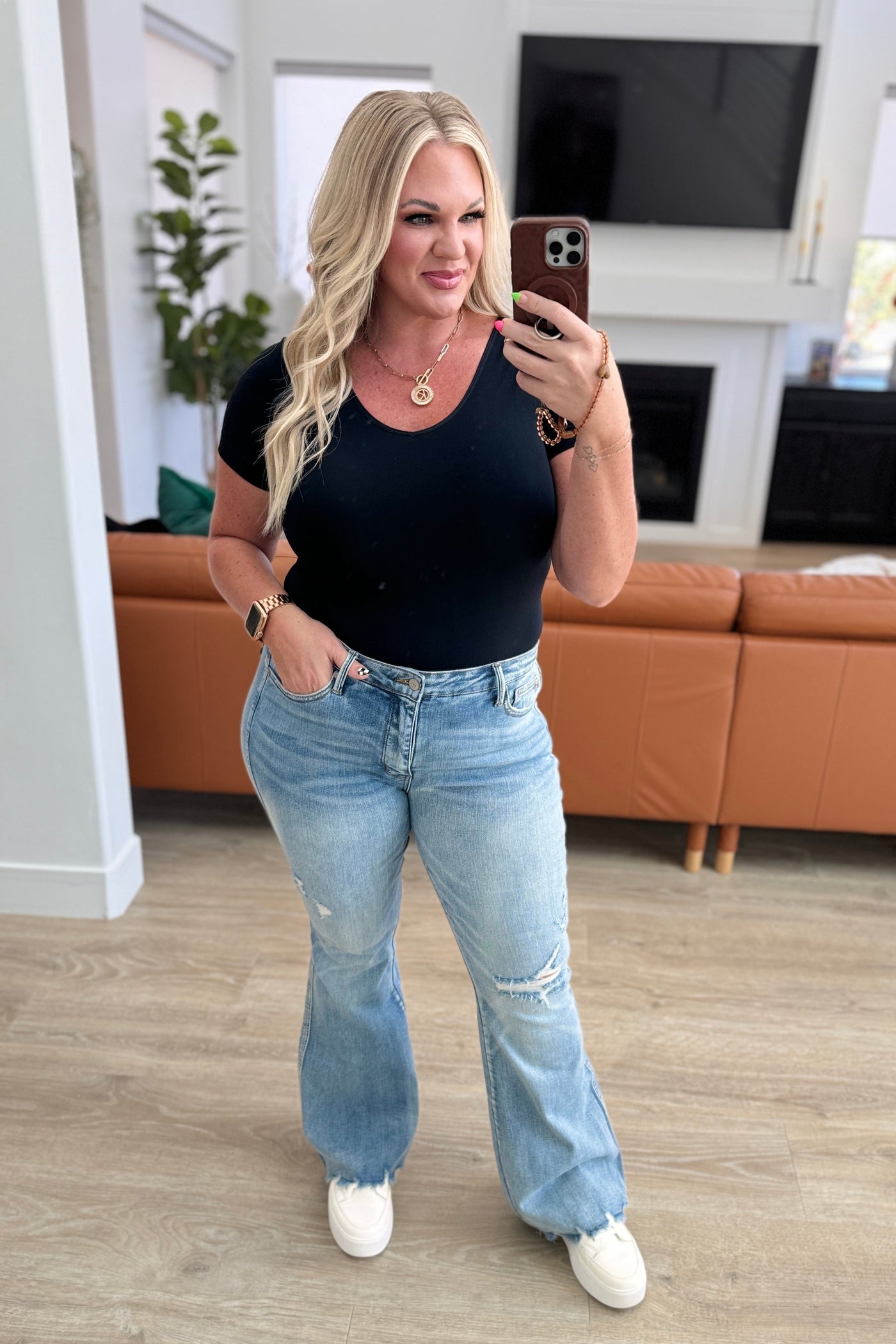 Caroline Mid Rise Control Top Distressed Flare Jeans Southern Soul Collectives