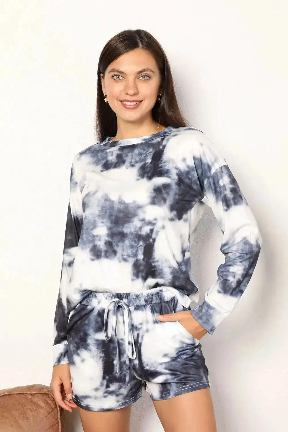 Charcoal Colored Tie-Dye Round Neck Top and Shorts Lounge Set