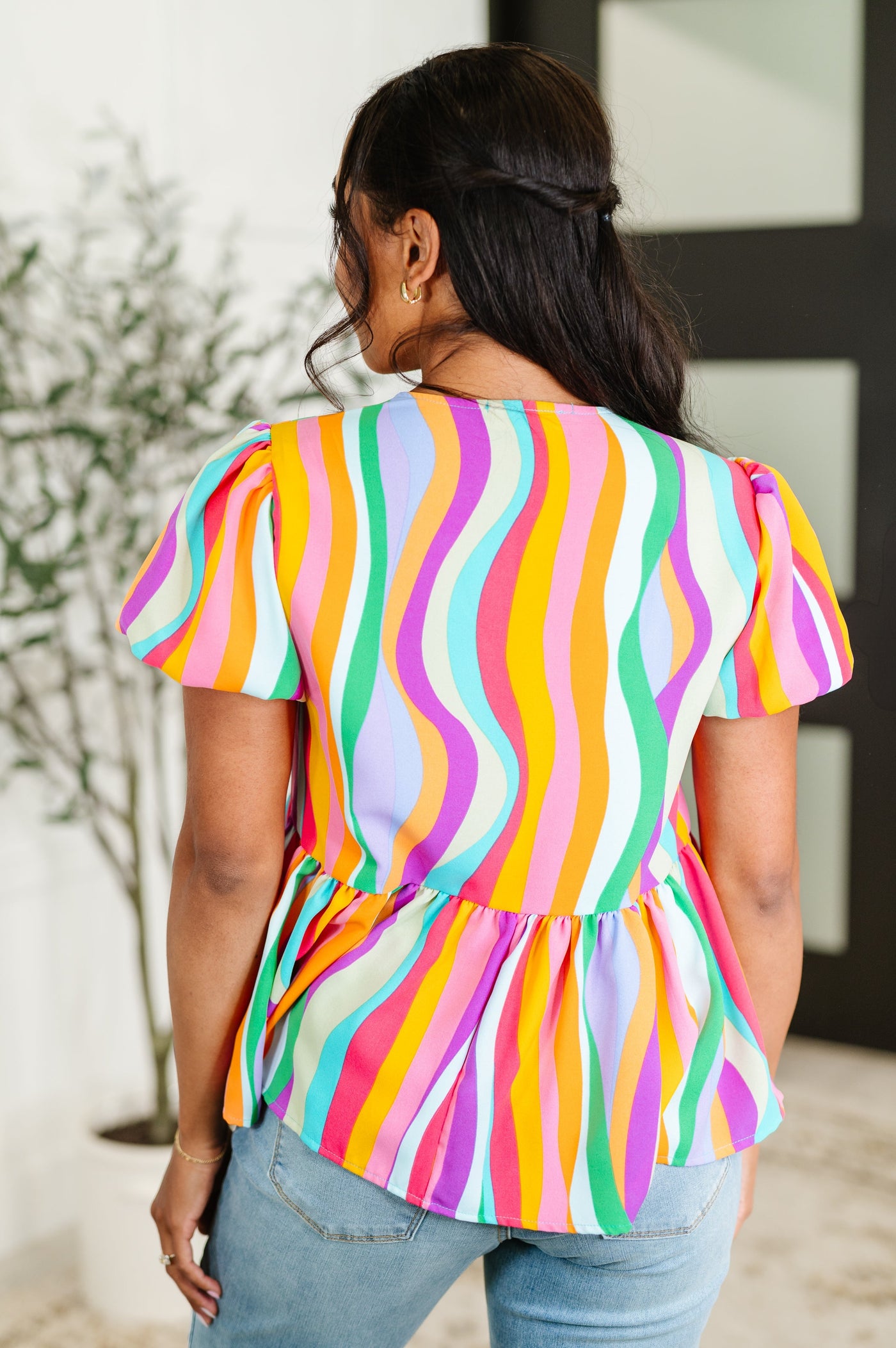 Chromatide Puff Sleeve Blouse in Mint/Orange Southern Soul Collectives