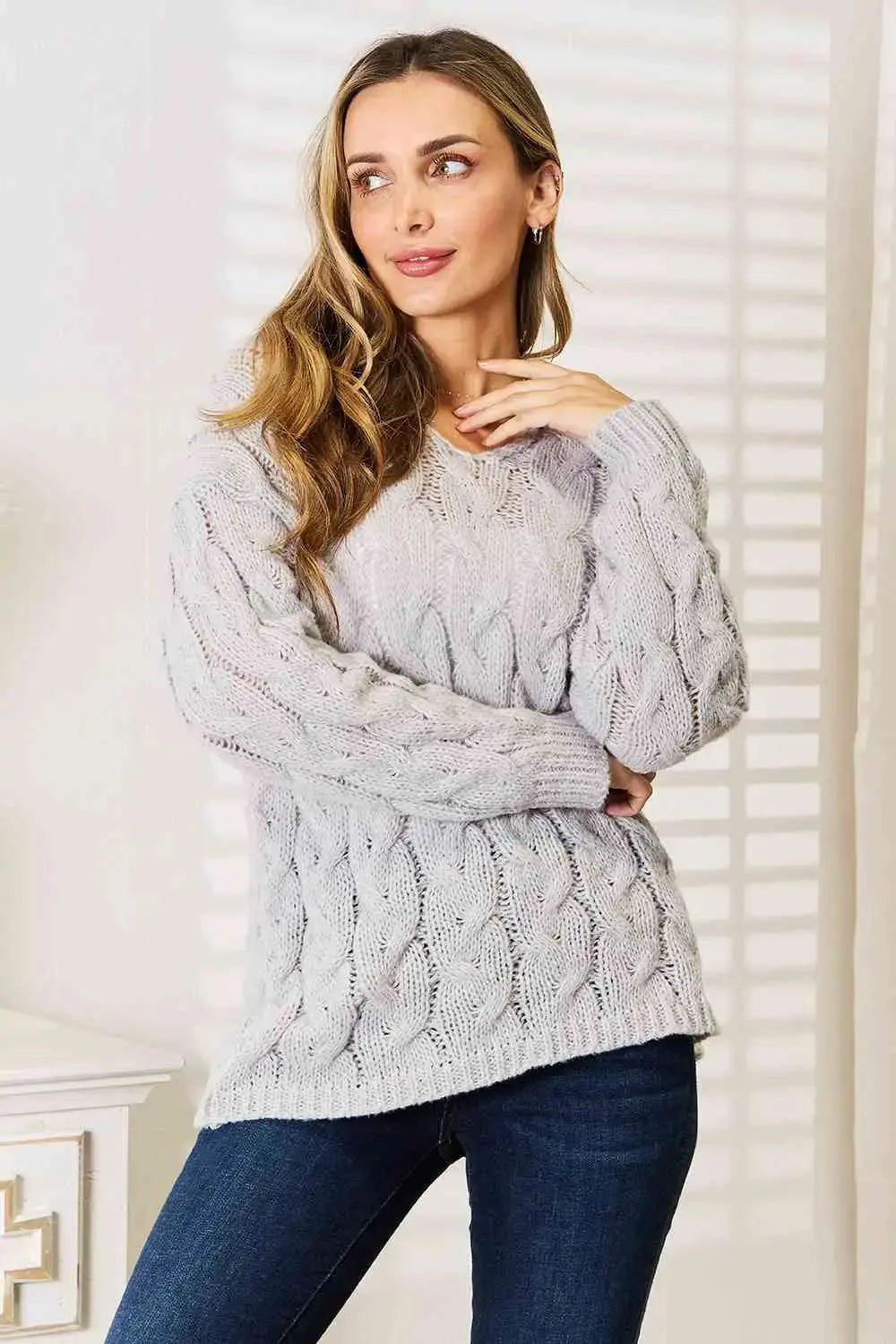 Classy Cable-Knit Hooded Sweater in Light Gray  Southern Soul Collectives