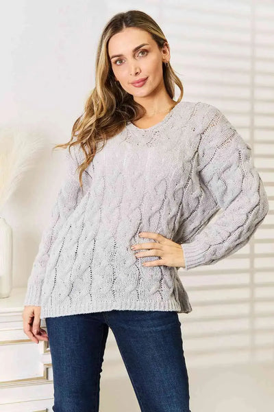 Classy Cable-Knit Hooded Sweater in Light Gray  Southern Soul Collectives