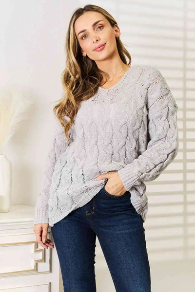 Classy Cable-Knit Hooded Sweater in Light Gray  Southern Soul Collectives