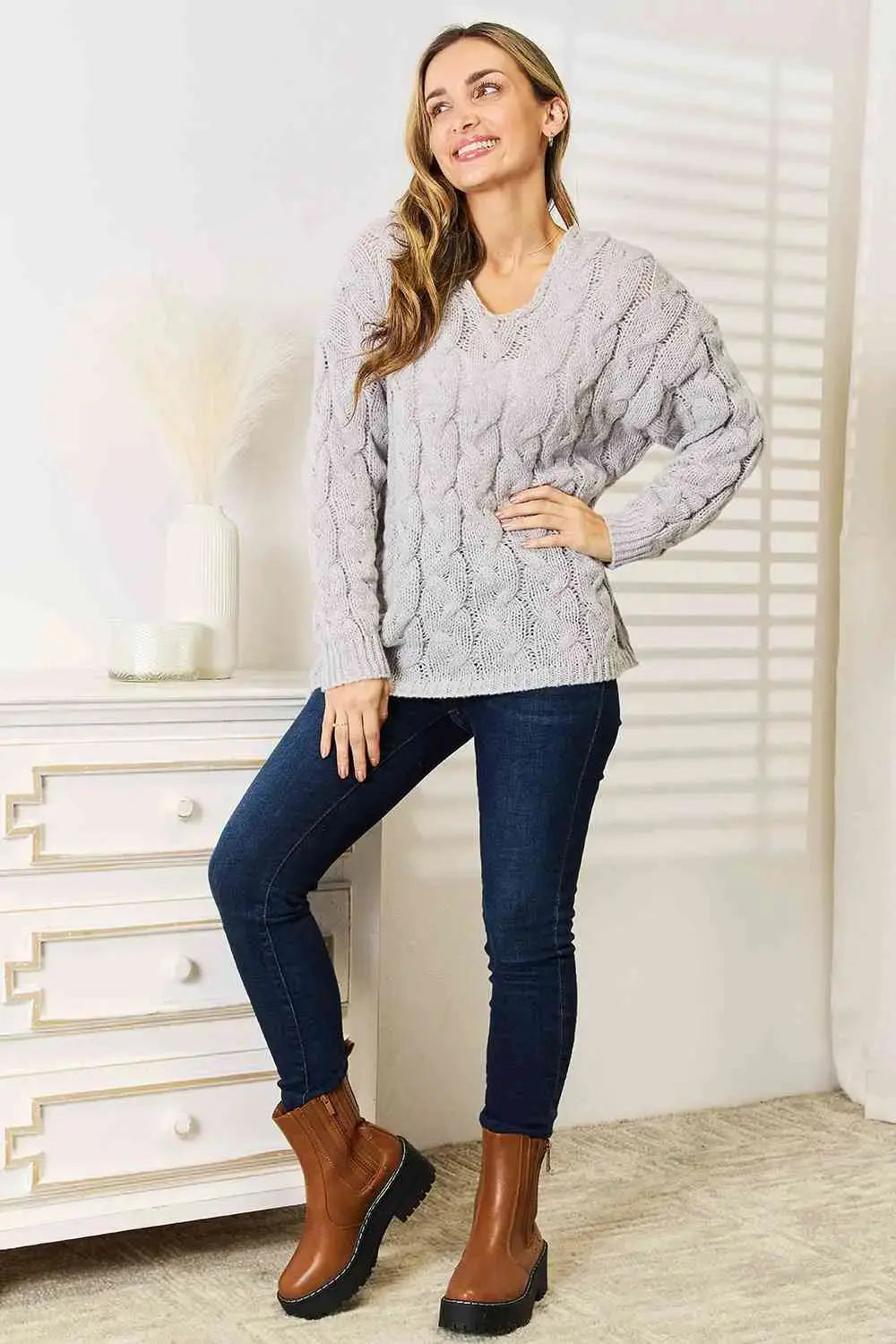 Classy Cable-Knit Hooded Sweater in Light Gray  Southern Soul Collectives