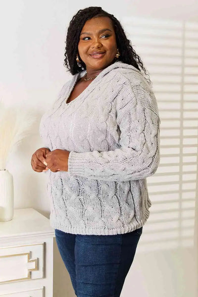 Classy Cable-Knit Hooded Sweater in Light Gray  Southern Soul Collectives