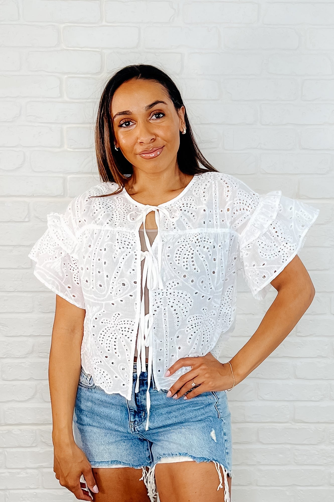 Classy As Heck Eyelet Front Tie Top in Off White Southern Soul Collectives