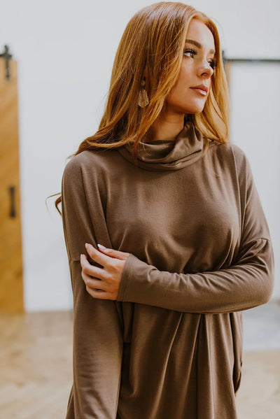 Comfort First Cowl Neck Hi-Low Long Sleeve in Brown Womens Southern Soul Collectives
