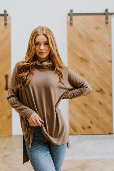 Comfort First Cowl Neck Hi-Low Long Sleeve in Brown Womens Southern Soul Collectives