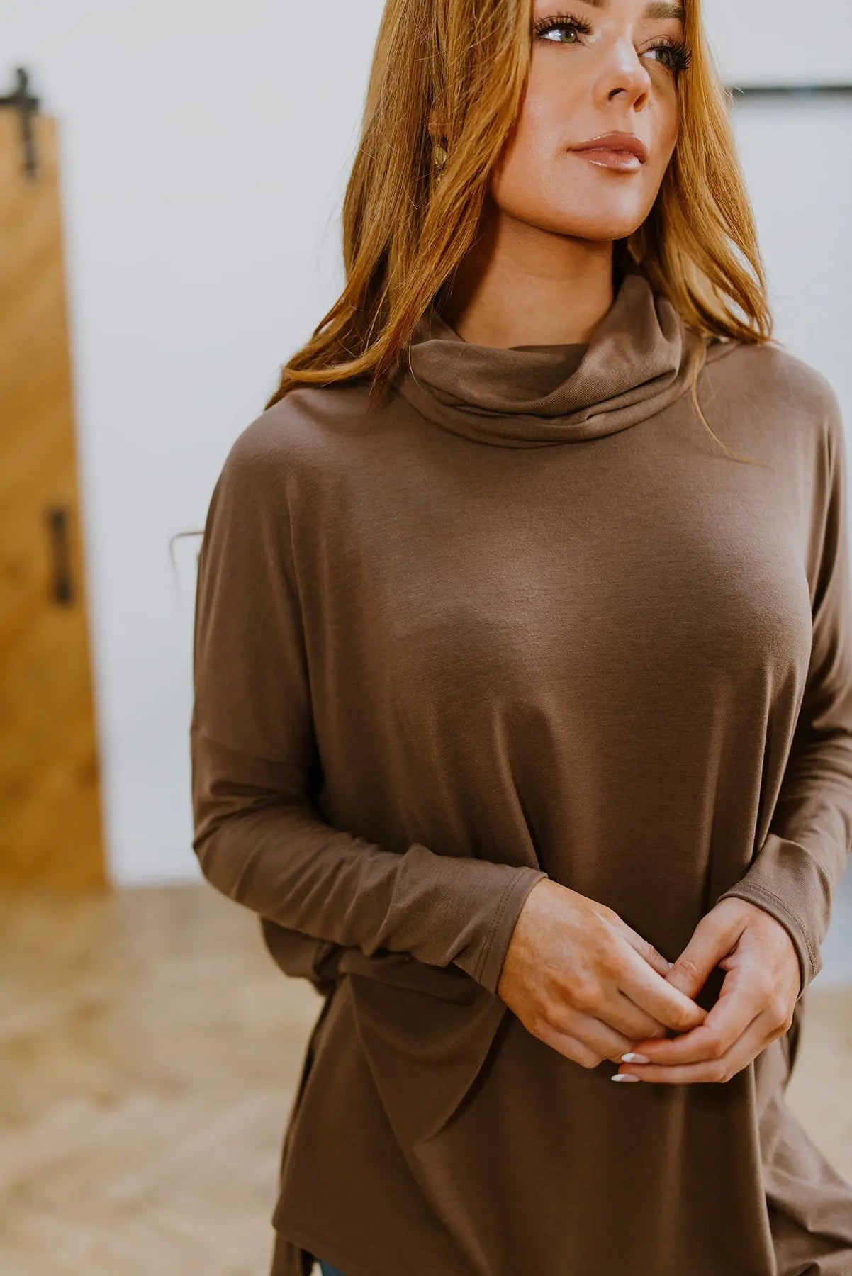 Comfort First Cowl Neck Hi-Low Long Sleeve in Brown Womens Southern Soul Collectives