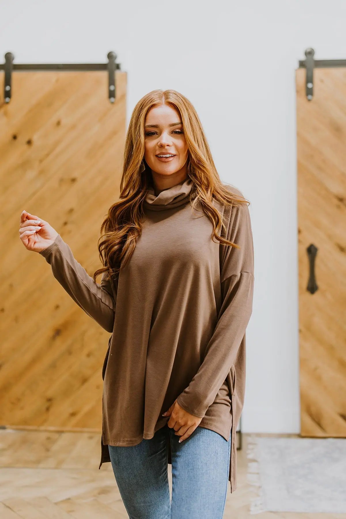 Comfort First Cowl Neck Hi-Low Long Sleeve in Brown Womens Southern Soul Collectives