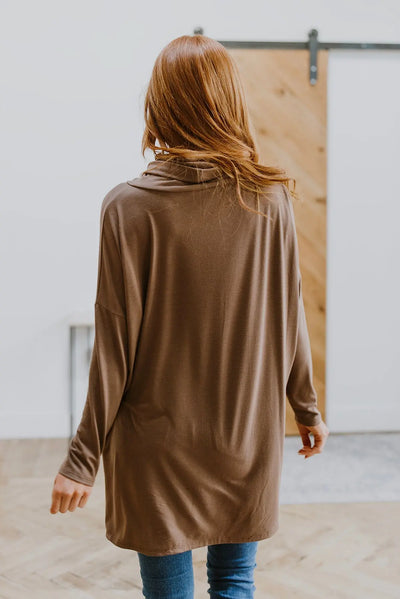 Comfort First Cowl Neck Hi-Low Long Sleeve in Brown Womens Southern Soul Collectives