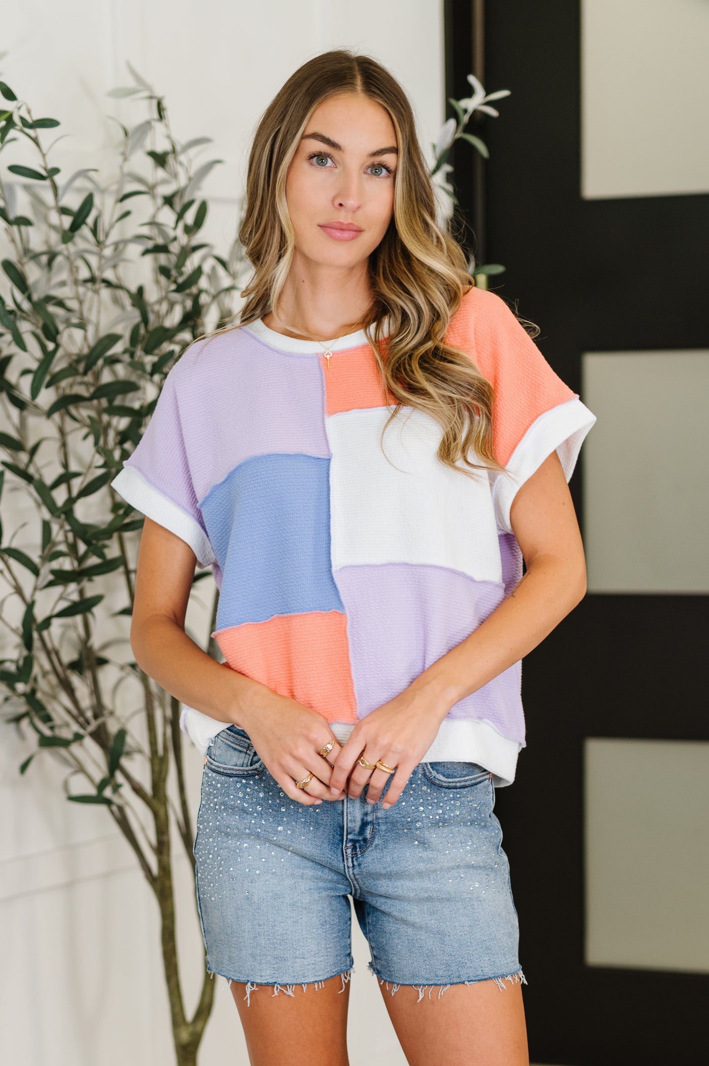 Contrast Club Color Block Top in Lilac, Orange and Denim