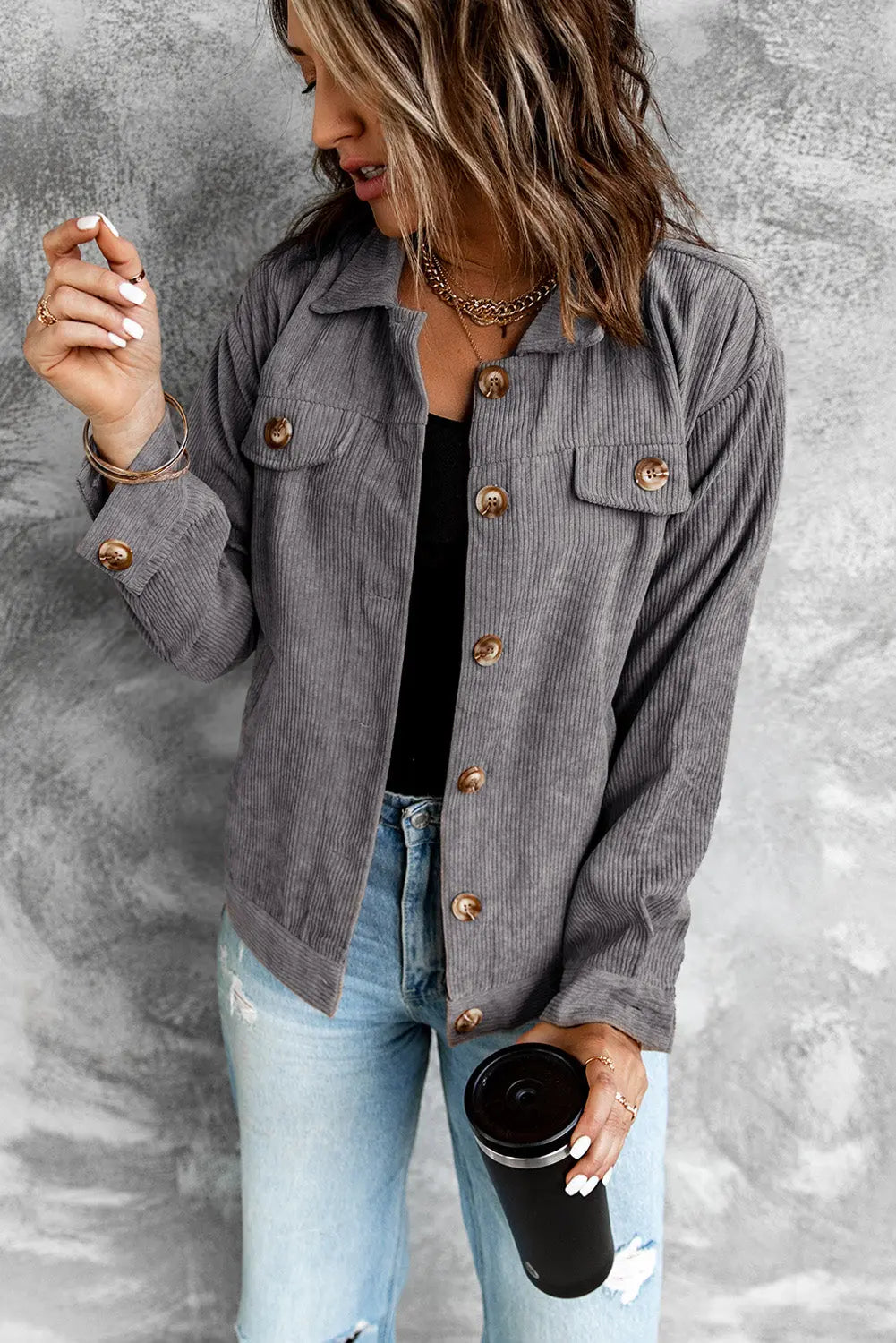 Corduroy Long Sleeve Jacket in Gray, Brown, Pink  Southern Soul Collectives