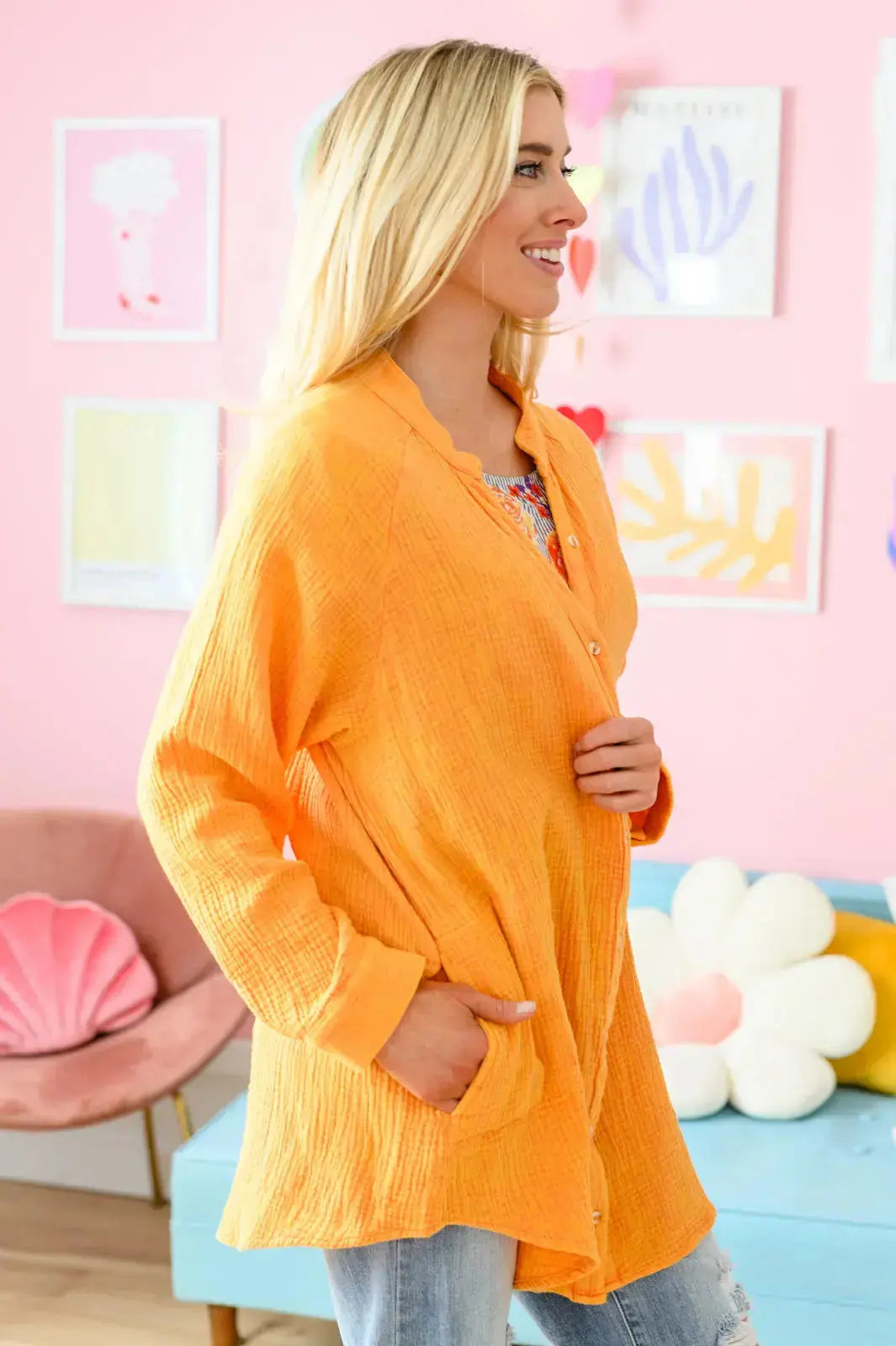 Corey Button Up Top in Tangerine Womens Southern Soul Collectives
