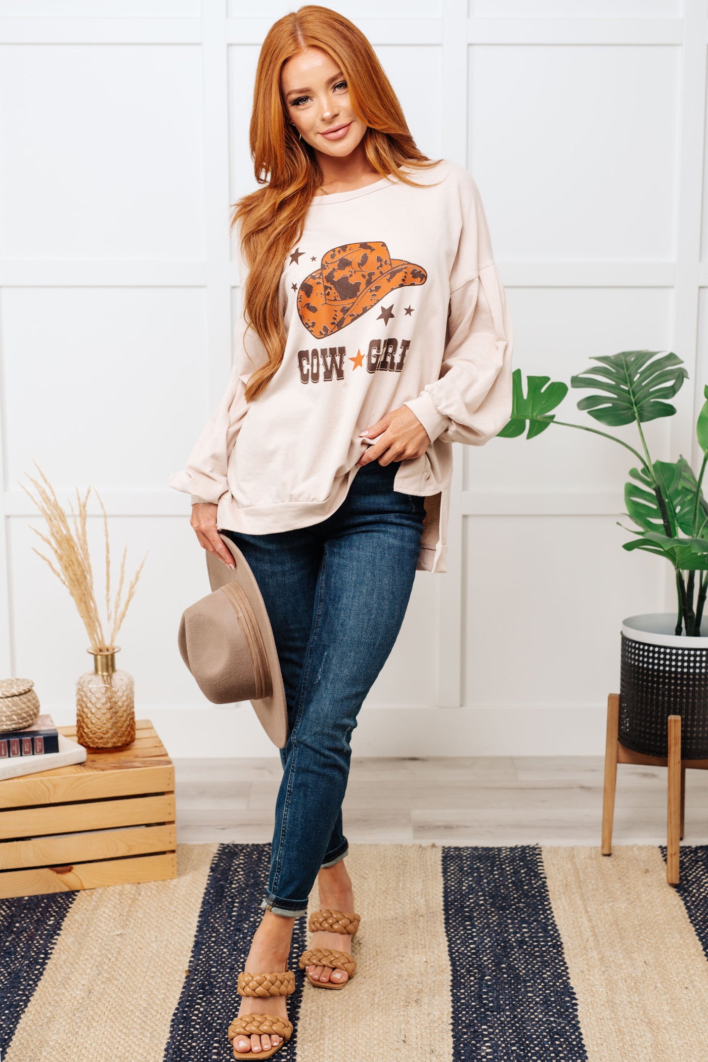 Cow Girl Graphic Pullover in Stone Southern Soul Collectives