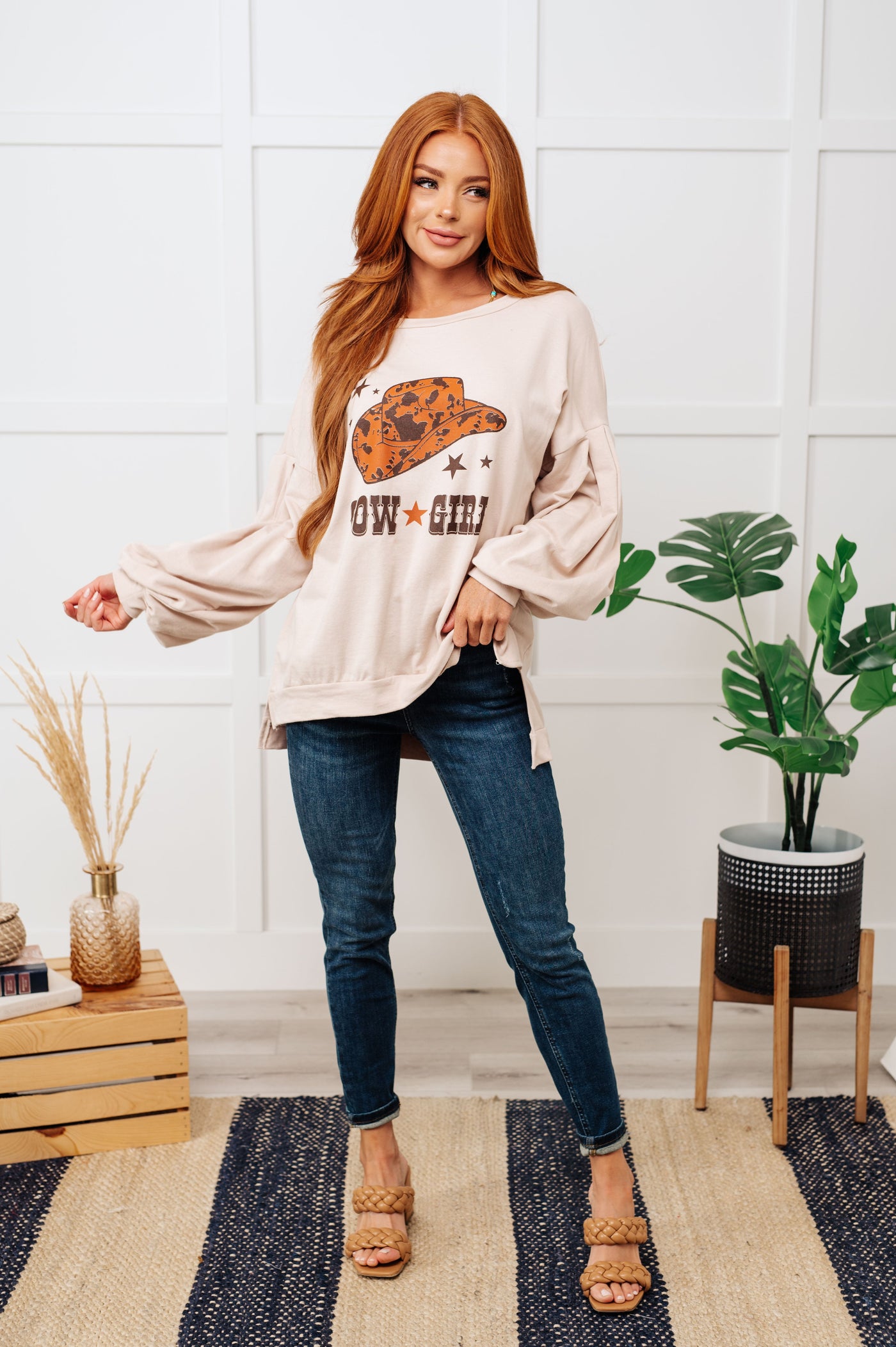 Cow Girl Graphic Pullover in Stone Southern Soul Collectives