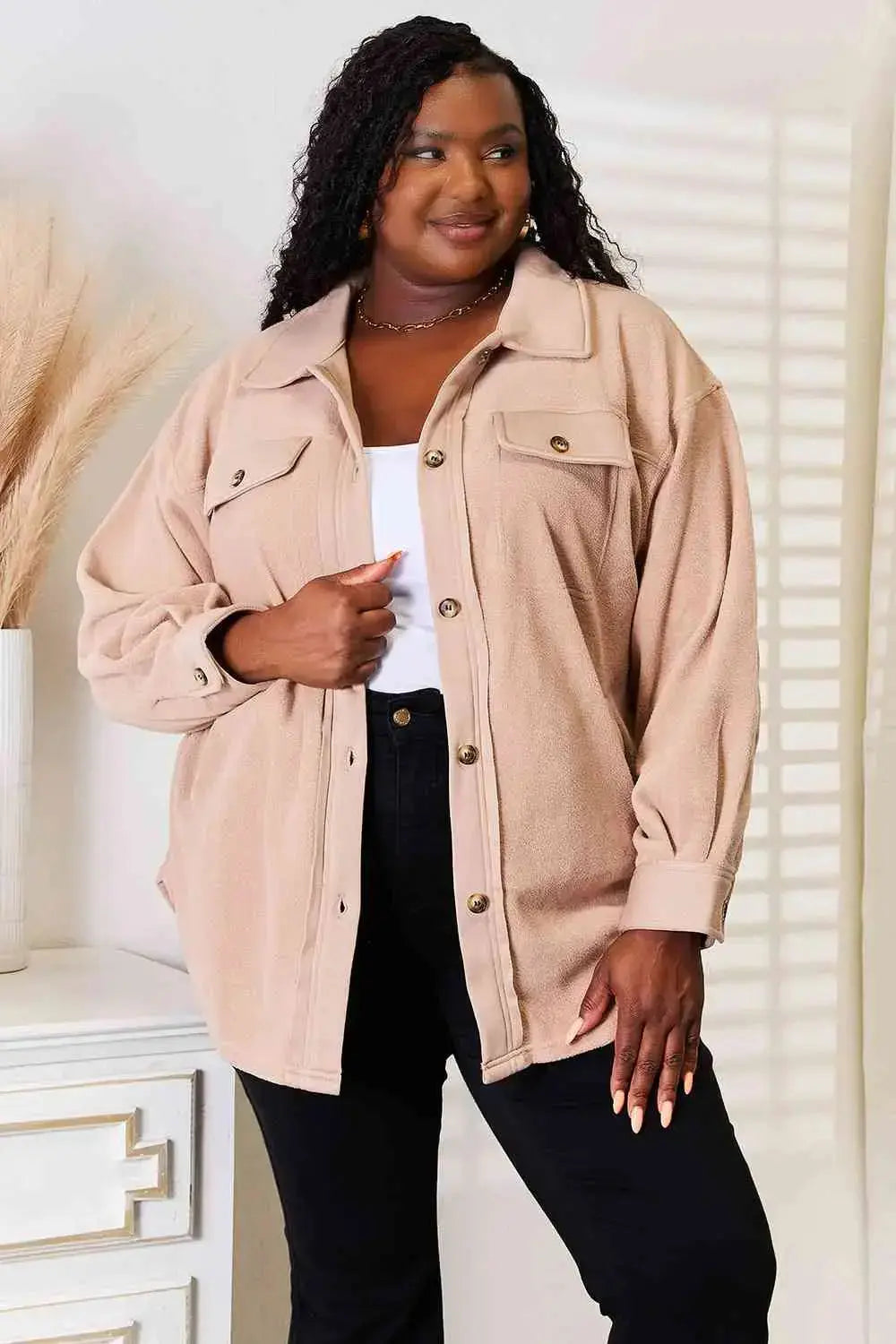 Cozy Gal Button Down Shacket in Light Apricot  Southern Soul Collectives