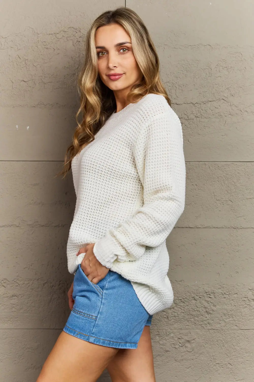 Cozy Season High Low Waffle Sweater Pullover in Ivory  Southern Soul Collectives